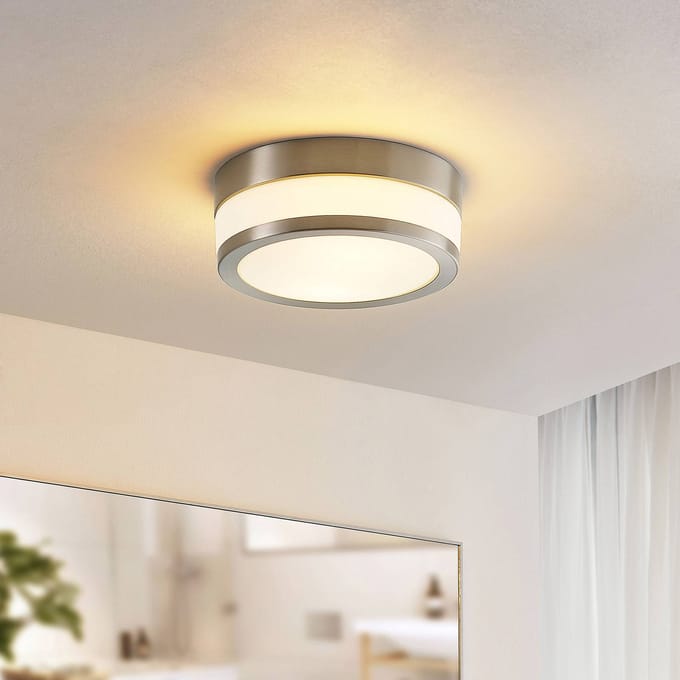 Lindby - Plafondlamp badkamer - 2lichts - Glas, metaal - H: 9 cm - E27 - opaalwit, mat nikkel