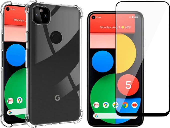Hoesje geschikt voor Google Pixel 5 - Transparant Shock Proof Cover Case + Screenprotector Tempered Glass Full Screen Protector Glas