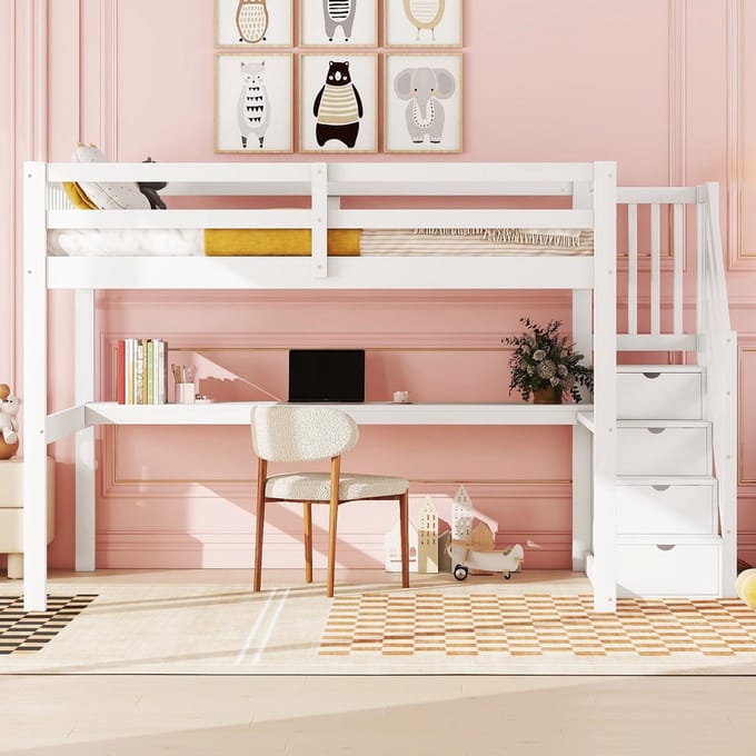 MEUNIQ Kinderhoogbed 140 x 200 cm met bureau en opberglades Wit