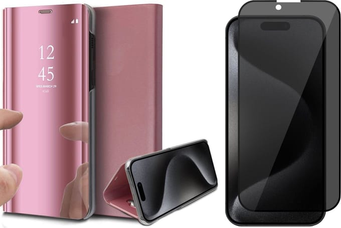 Hoesje geschikt voor iPhone 15 Pro Max - Privacy Screen Protector FullGuard - Book Case Spiegel Roségoud & Screenprotector