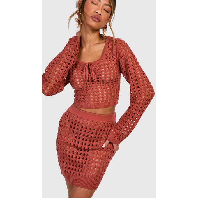 boohoo Dames Haak Mini Rok | Klei | Maat: Medium
