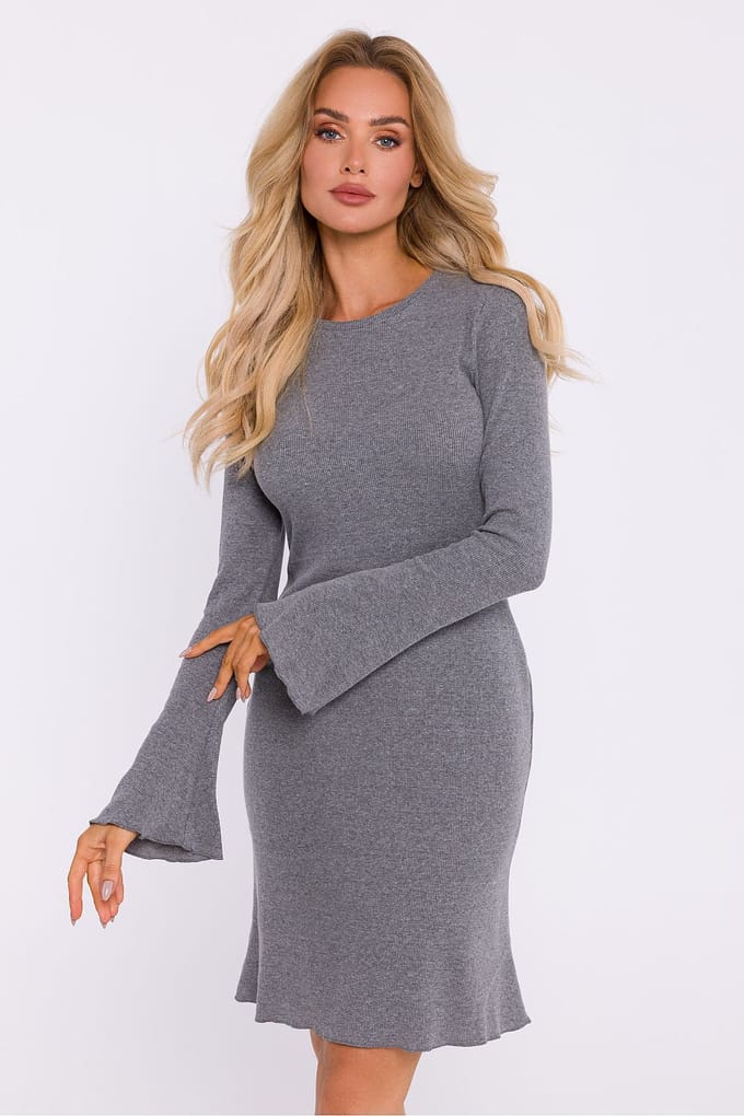 Ribbed Flare Knit Dress - Grau / S/M