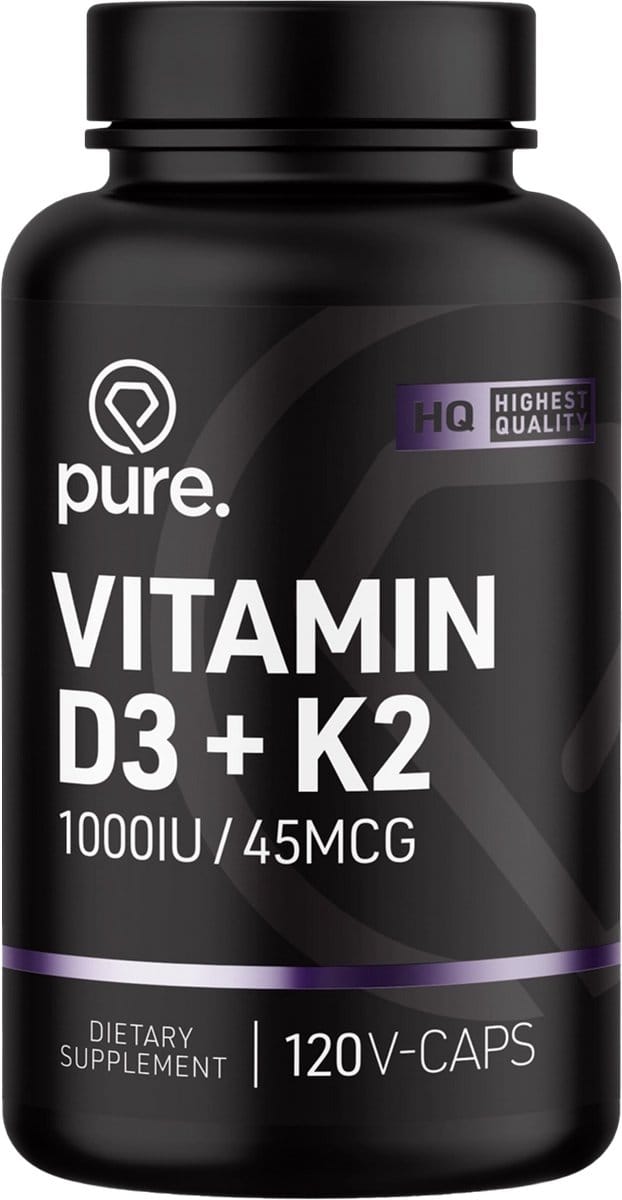Pure. Vitamine D3/K2 – 120 v-caps - vitaminen - vitamine D3 - vitamine K2 - weerstand en spieren