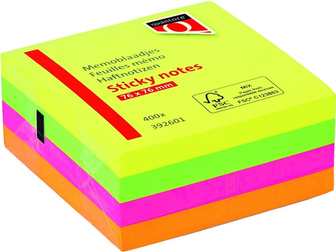 Memoblok Quantore 76x76mm neon kleuren assorti 4 kleuren 400 vel | 6 stuks
