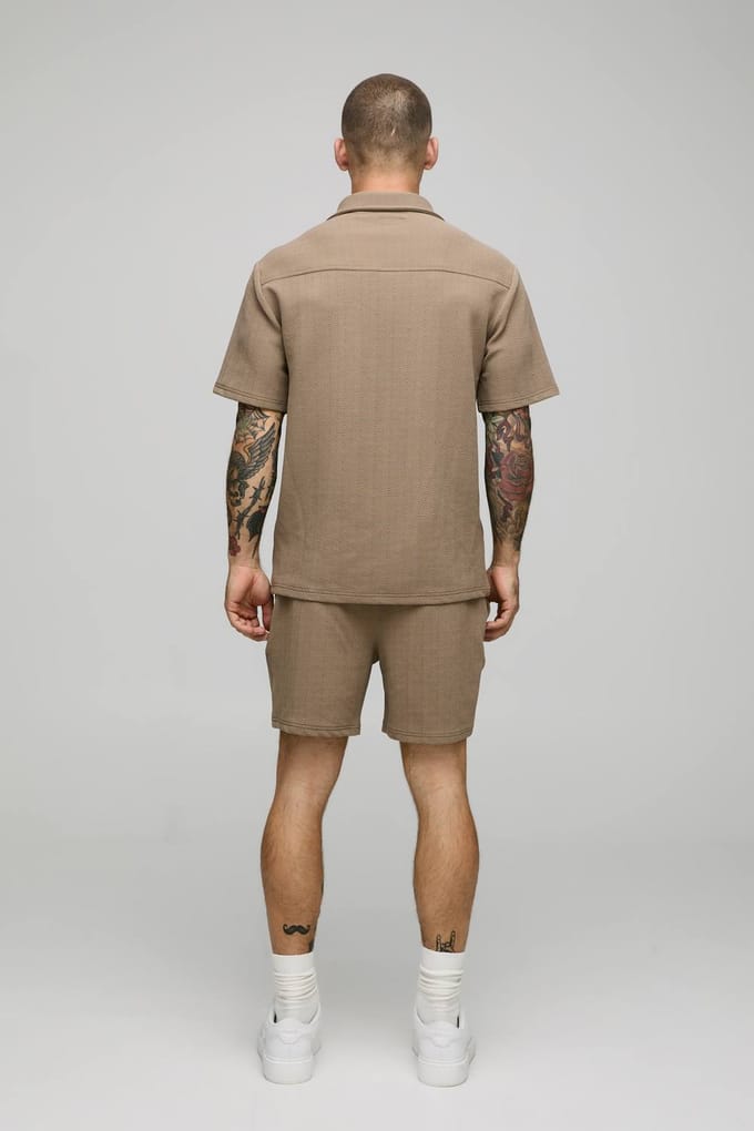 Korte mouw jersey regulier visgraat overhemd en shortset | Taupe | Size 3XL