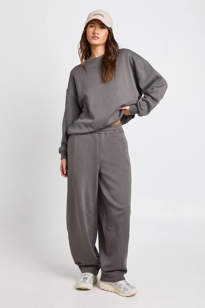 boohoo Dames Naaddetail Sweatshirt Barrel Jogger Trainingspak | Charcoal | Maat: Medium