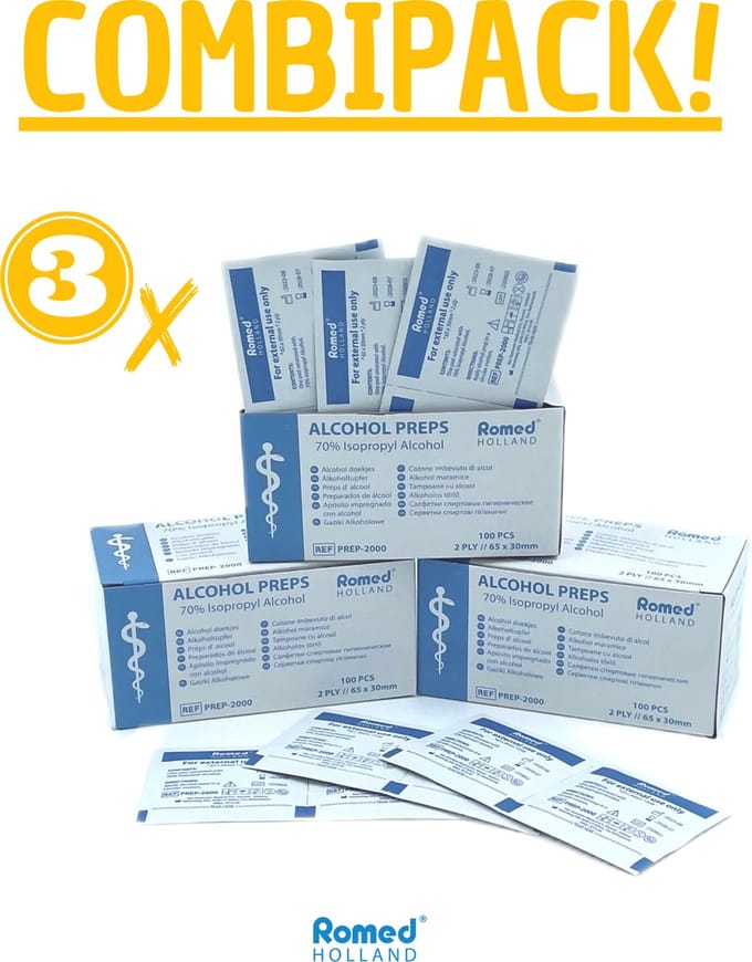 romed - alcoholdoekjes -3-pack - 3x-100 - stuks - alcohol - pads - desinfectiedoekjes