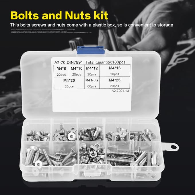 180 pièces M4 Acier Inoxydable 304 Vis à Tête Plate Écrous Kit d'Assortiment avec Boîte