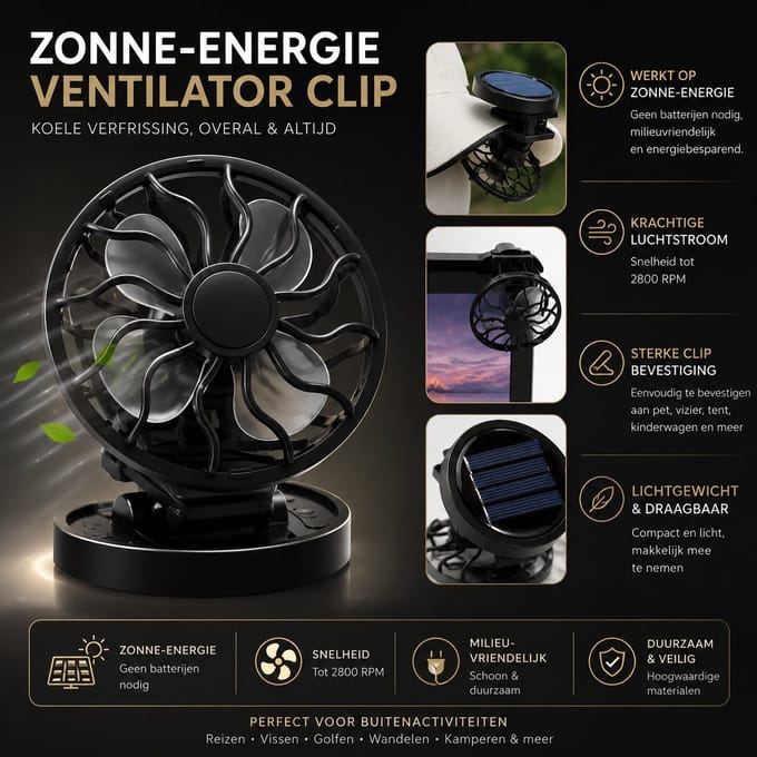 Zolara SolarClip - Zonne-Energie Ventilator – Draagbare Ventilator - Verkoeling - Afkoelen - Zomer - Duurzaam