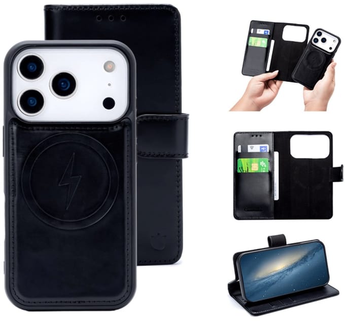 Cityhoesje-2in1 Bookcase Echt Leer Magsafe-iPhone 17 Pro Max-18 Pro Max – Zwart