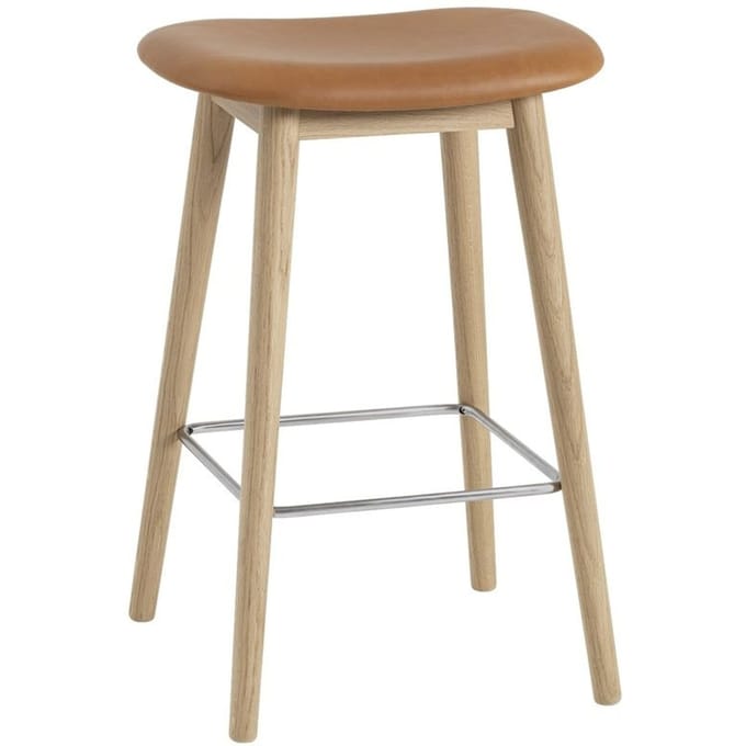 Muuto - Fiber barkruk - houten onderstel - Leer cognac - frame eiken - H65 - bruin