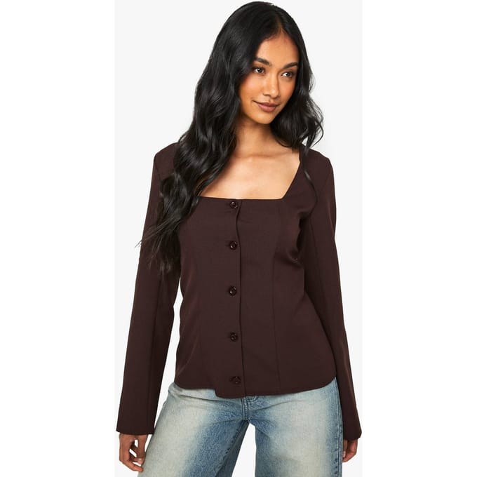 boohoo Dames Kraagloze blazer met vierkante hals | Chocoladebruin | Maat: 36