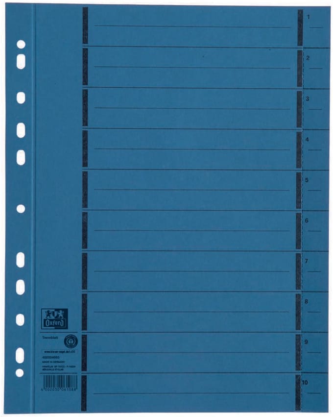 ELBA scheidingsbladen met perforatie, DIN A4 overbreed, blauw