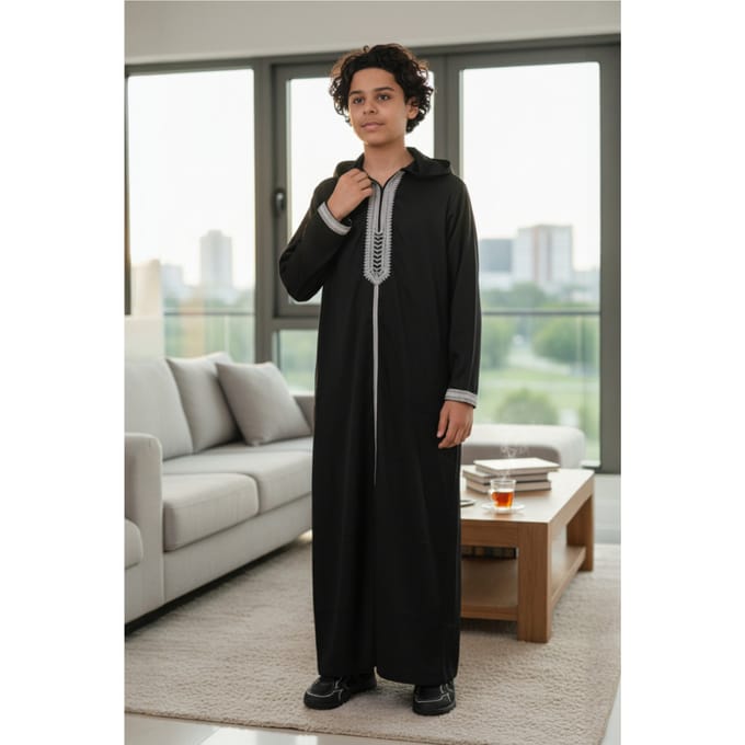 Kinderen jongens zwarte Eid hooded Marokkaanse Thobe gewaad Djellaba Ramadan Jubba LFS- K-HM3