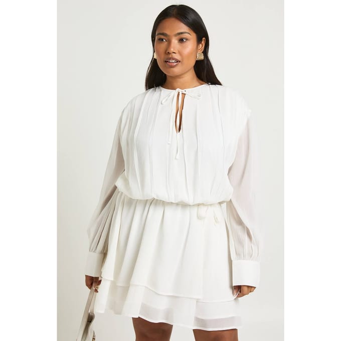 boohoo Dames Plus Chiffon Blouson Ruffle Riem Skater Jurk | Ivoor | Maat: 46