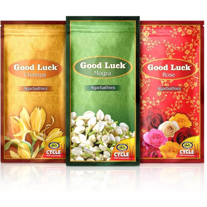 Cycle Pure Agarbathi GoodLuck Pack Combo Spécial Bâtonnets d'Encens Champa Mogra Rose 3 Sachets(220 g par Sachet) green