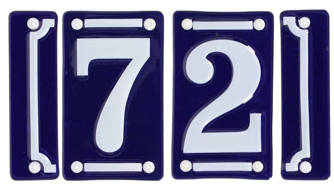 Best for Boots huisnummer 72 met sierrand - Oudhollands - emaille - blauw/wit
