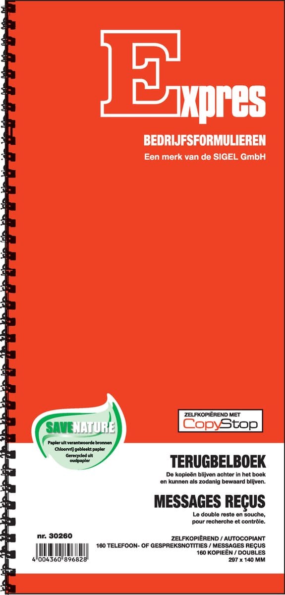 Sigel terugbelboek EXPRES 297x140mm spiraalblok met 2x160 notities