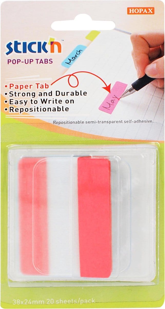 Stick'n Bladwijzers - Index tabs - extra stevig - 38x50mm - Rood - 10 tabs in houder