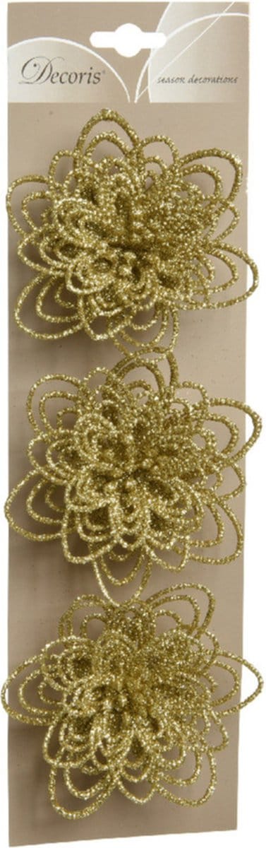 Kerstboomversiering Bloemen - 3x stuks - 11 cm - goud glitter - op clip - ornament