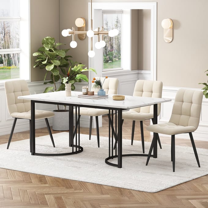 MODFU - 5-Delige Eetkamerset - Marmerpatroon En Verstelbare Poten - Modern - MDF En Metaal - Wit - 140 x 80 cm