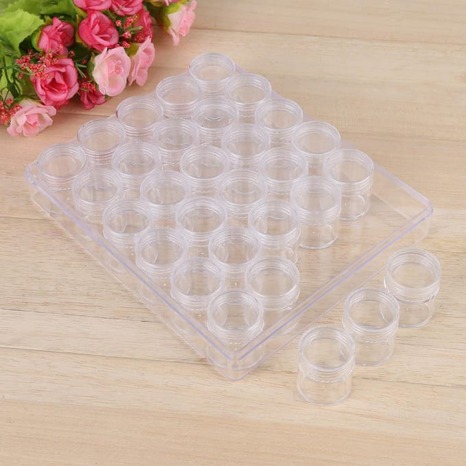 30 pcs Clear Plastic Jewelry Bead Storage Small Round Container Jars with Rectangle Box