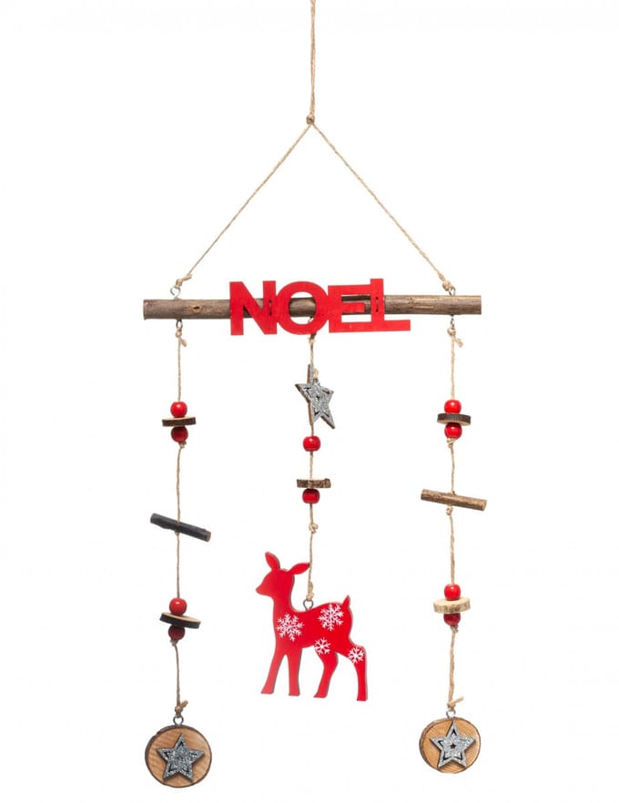 JJA - Houten kerstrendier hangdecoratie 38 cm rode mobile