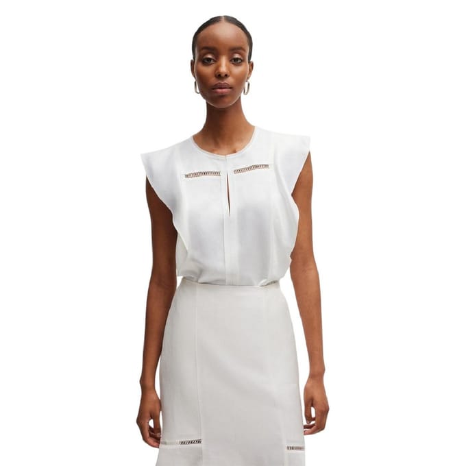 Boss Damesblouse met sleutelgat en normale pasvorm en ruches (Wit)
