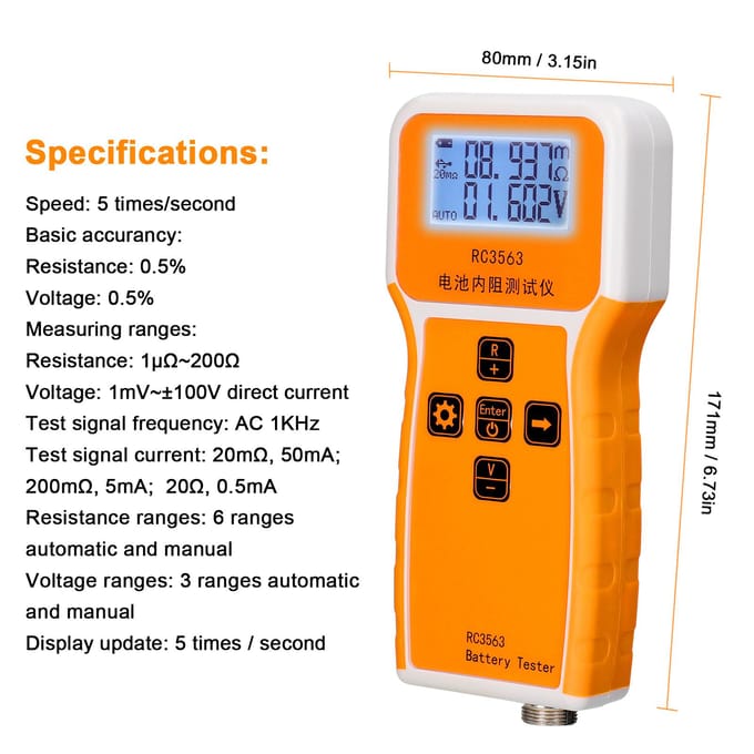 RC3563 200 Ohm 100V Handheld Draagbare Batterij Interne Weerstand Spanningstester 3-cijferig Display Tester & Clip