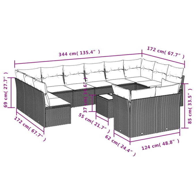 vidaXL - 13-delige - Loungeset - met - kussens - poly - rattan - beige