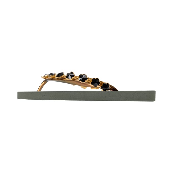 Zwarte bloemen teenslippers legergroen