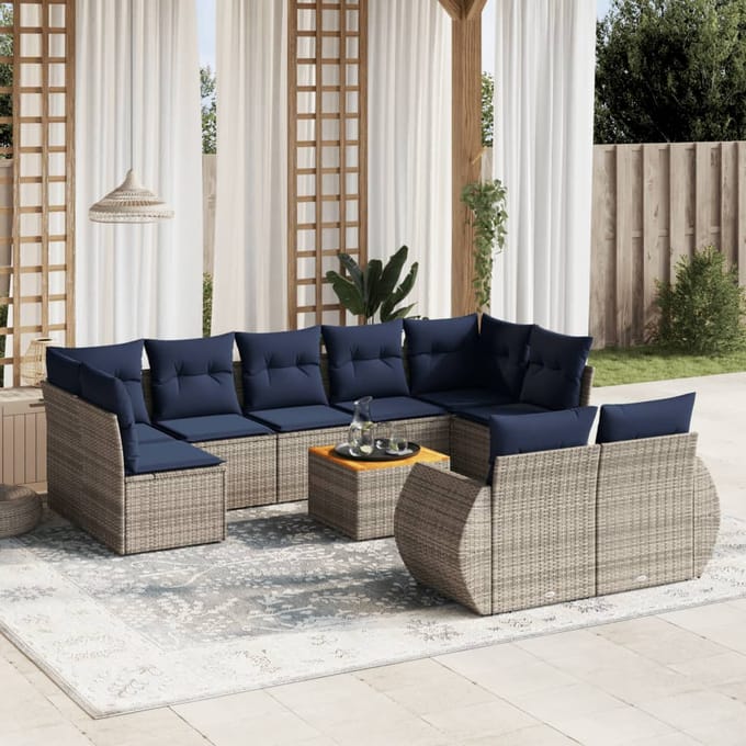 vidaXL - 10-delige - tuinbankset - met - kussens, - grijs - polyrotan
