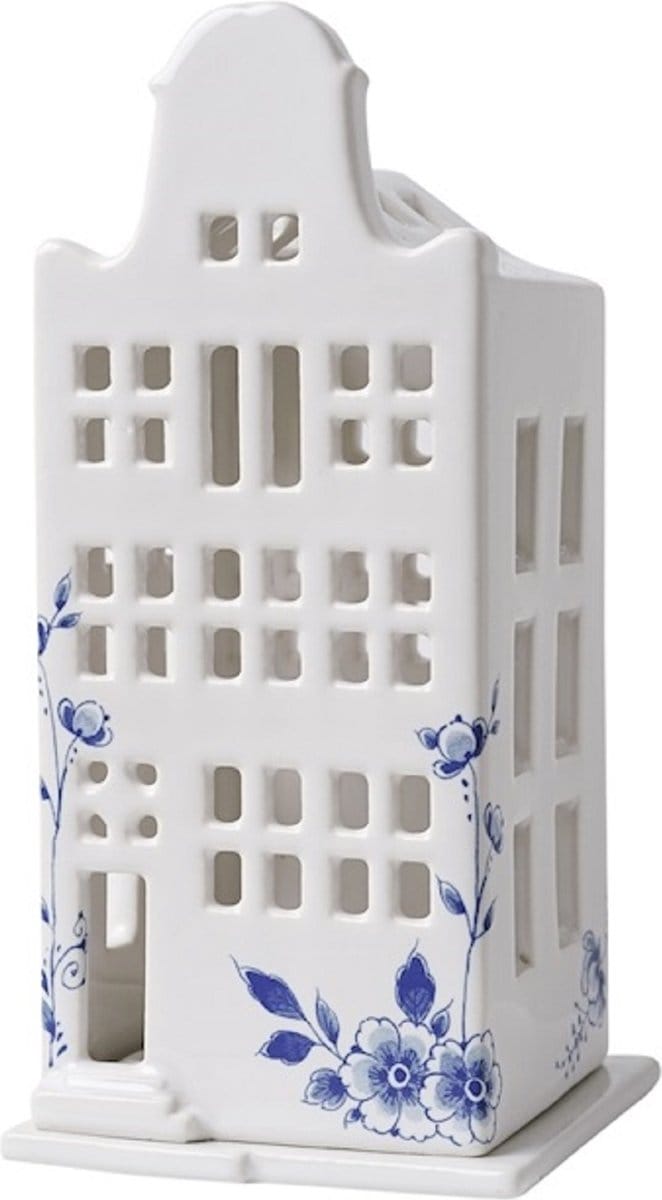 Heinen Delfts Blauw - Waxinelichthouder huis - klokgevel - Delfts blauw - 17 cm