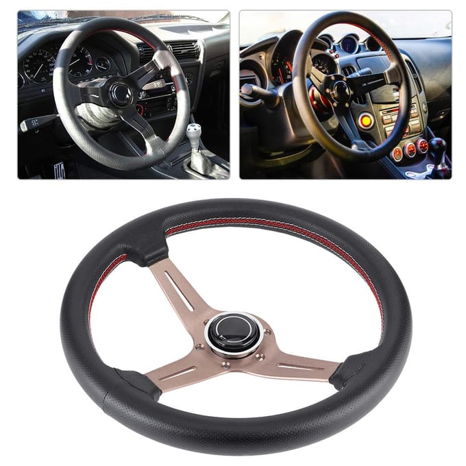 250mm14in voor NARDI Stijl 6-Gats Halfdiep Zwart Geperforeerd Leer Race Stuurwiel met Claxon black