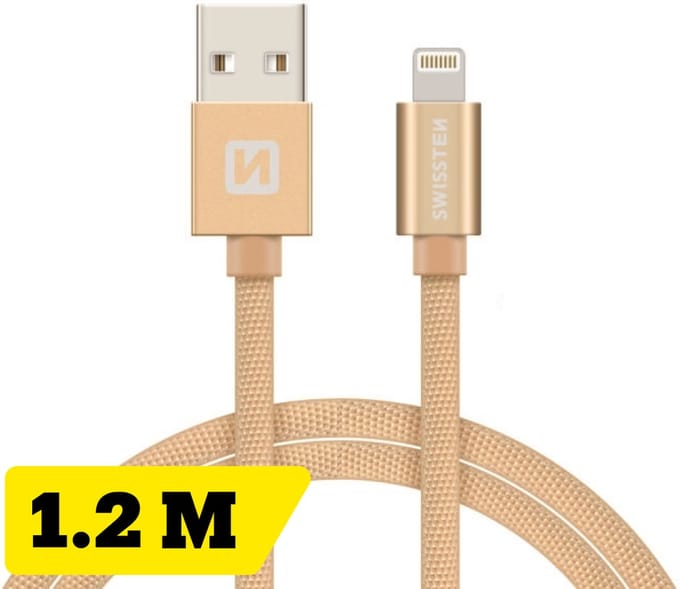 Swissten Lightning Oplaadkabel 1,2 meter – voor iPhone & iPad – Gevlochten Nylon USB-A Kabel – Goud