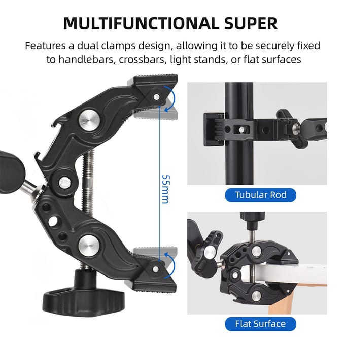 Superklembevestiging Dubbele cameraklem met dubbele kogelkop Cold shoes 1/4 inch ARRI-lokatiegaten zwart