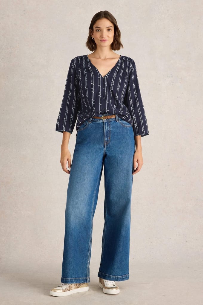 White Stuff Rae Organic Cotton Top Navy Multi Taglia: 8 | Maglie a manica lunga Outlet | Donna | Blu