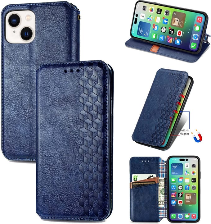 Luxe PU Lederen Ruitpatroon Wallet Case + Screenprotector voor iPhone 14 _ Blauw