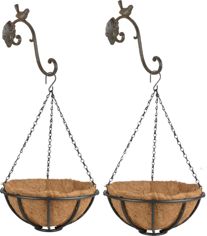 Set van 2x stuks Hanging baskets 30 cm van metaal met ijzeren muurhaken - Complete hangmand set