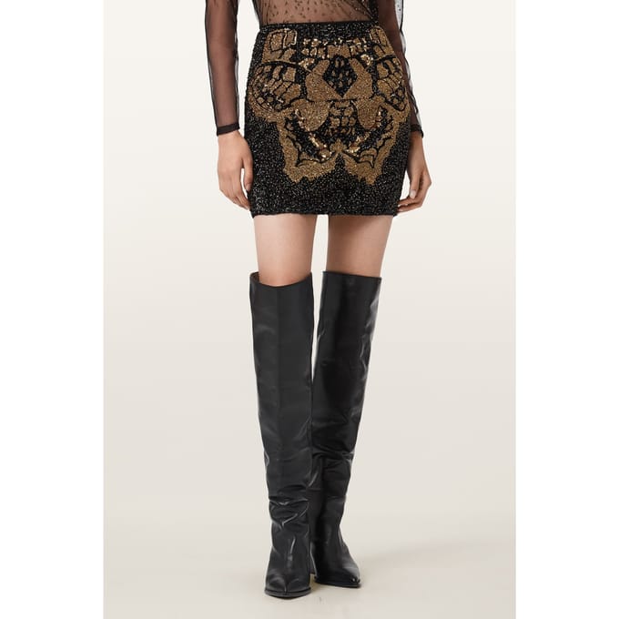 AllSaints Jamilia Emb Skirt Black/gold Maat: 6 | Mini Rokken Outlet | Dames | Zwart