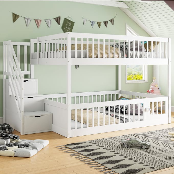 Stapellbed - 140 x 200 cm - Met Veiligheidstrap en Laden - Opbergruimte - Hout - Wit