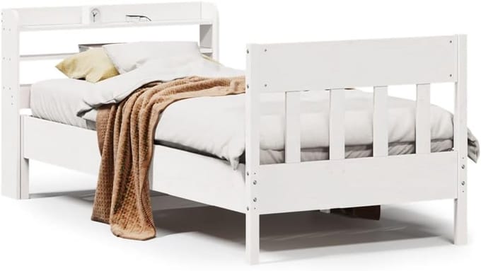 Massief Houten Bed - Eenpersoons Bed - Rustgevende Slaap - Hoofdeinde met Opbergruimte - 75 x 190 cm - Wit