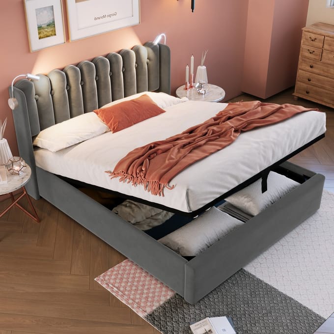 MODENUIT Gestoffeerd Bed 160x200 cm – Leeslamp met USB – Opbergruimte onder Lattenbodem – Met matras – Grijs
