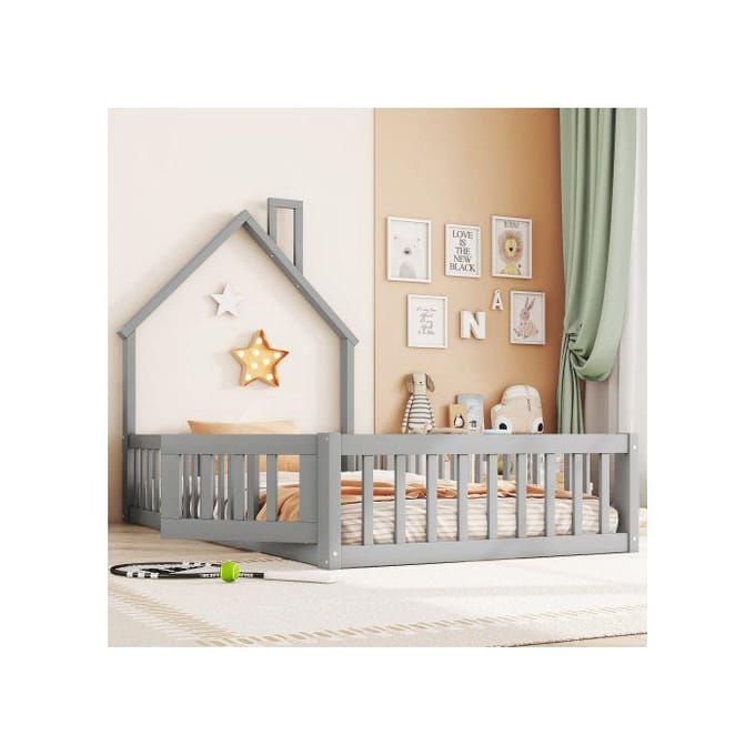 Kinderbed - MUVOE - 90 x 200 cm - Haardontwerp - Veiligheidshek - Grijs grijs
