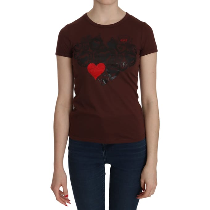 Exte Dames Bruin Hartprint Rundhals T-shirt Korte Mouw Blouse