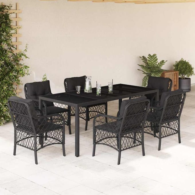 vidaXL - 7-delige - Tuinset - met - kussens - poly - rattan - zwart