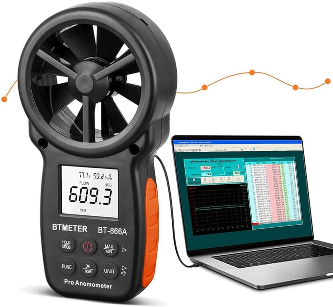 Handheld HVAC-anemometer BT-866A Pro voor CFM- en windsnelheidsmetingen, temperatuur, vochtigheid, dauwpunt, USB-synchronisatie