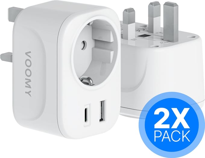 Voomy Reisstekker Engeland/UK - 2x Pack - USB-C & USB-A - Wereldstekker Type G - Wit