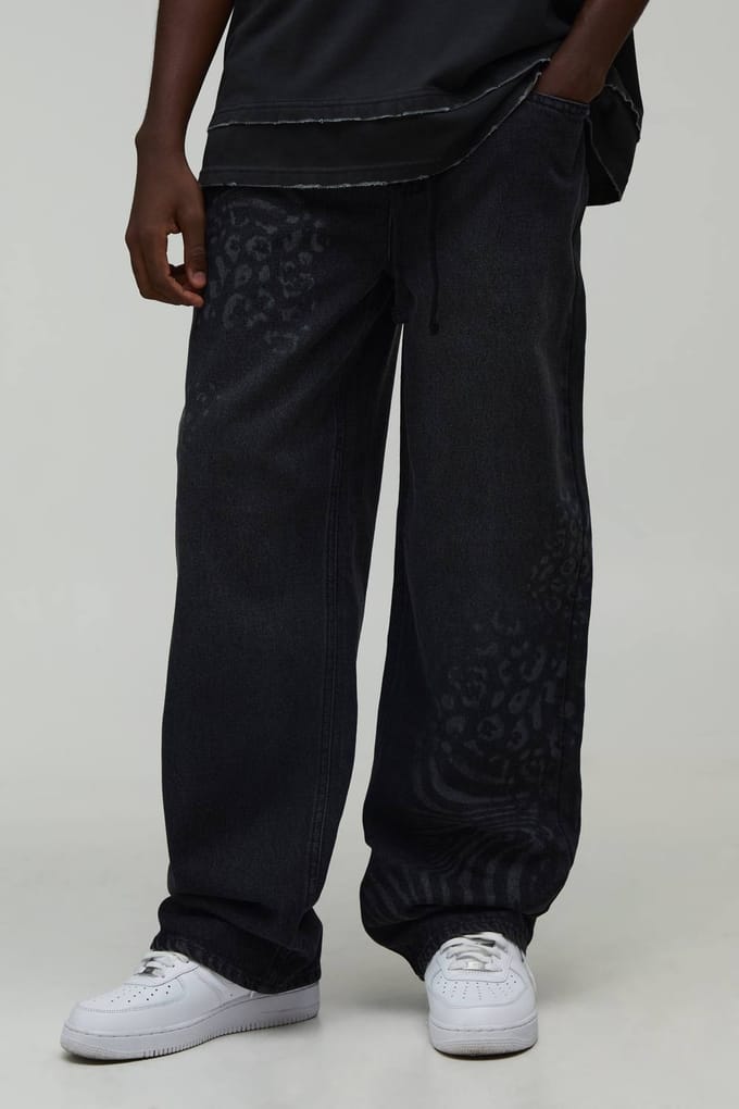 Relaxed Fit Jeans Met Gemengde Dierenprint | Washed Black | Size 30R