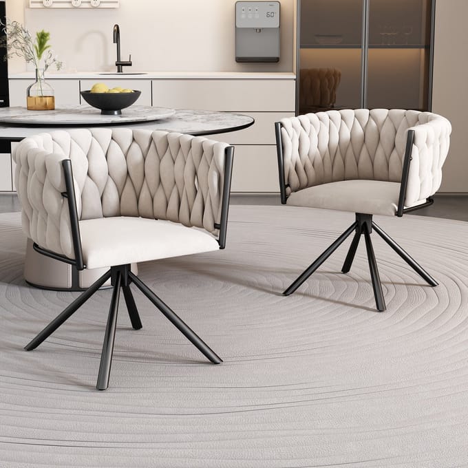 MODENUIT Eetkamerstoel - Set van 2 - Draaibaar met Gebogen Rugleuning - Voor Eetkamer en Woonkamer - Fluweel Beige